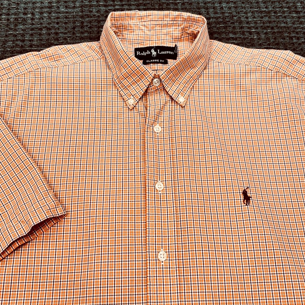 Polo Ralph Lauren Classic Fit Shirt Mens XL Gingham Check Orange Short Sleeve